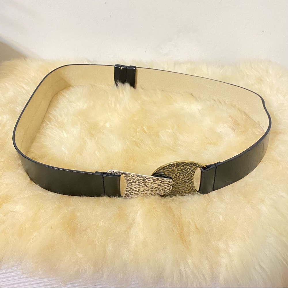 Chico's Wide Black Leather Belt With Large Silver Metal Buckle